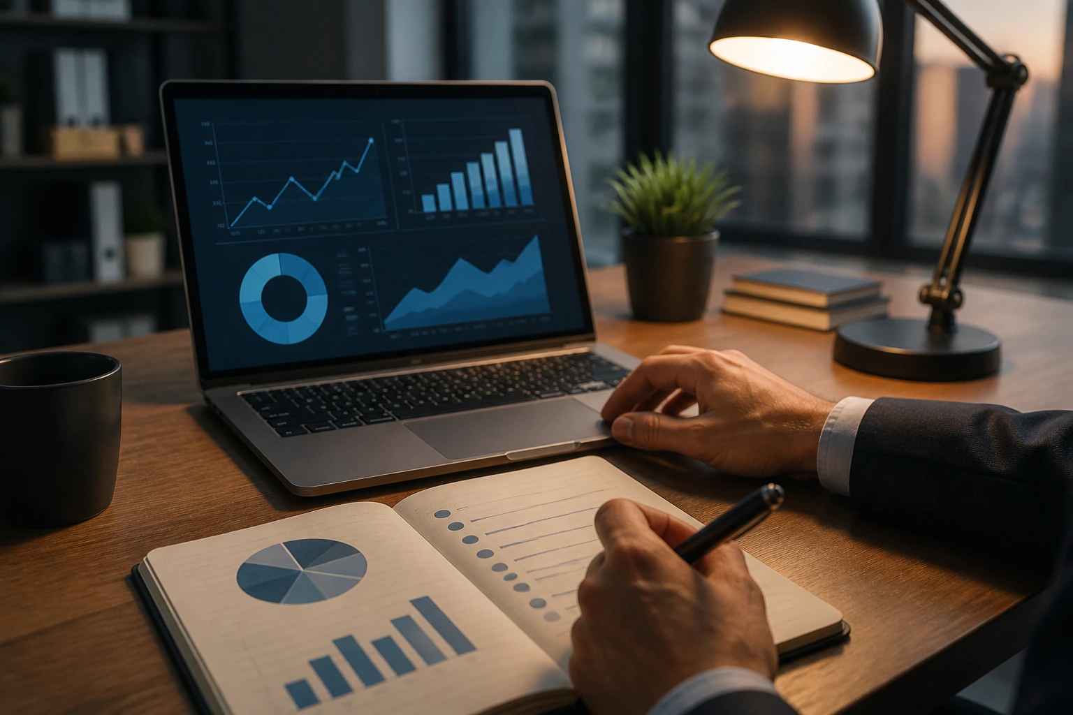 Hands negotiating salary with laptop showing abstract data visuals