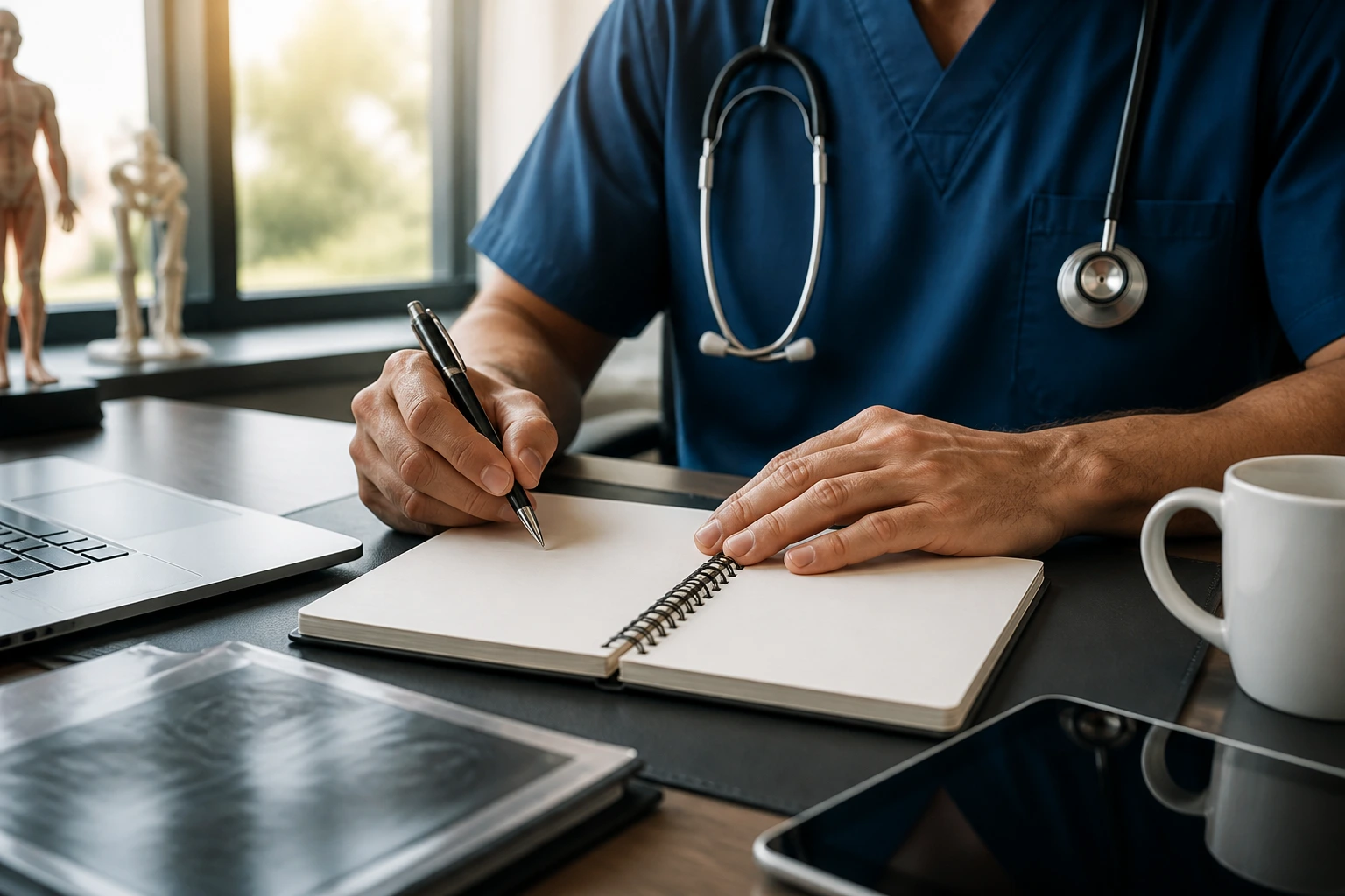 Physician negotiating in an office; hands on a blank notebook to symbolize leverage in salary discussions