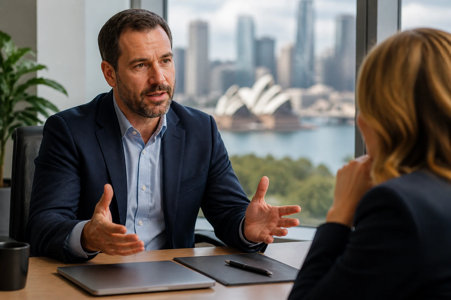Professional negotiating compensation in a modern office setting