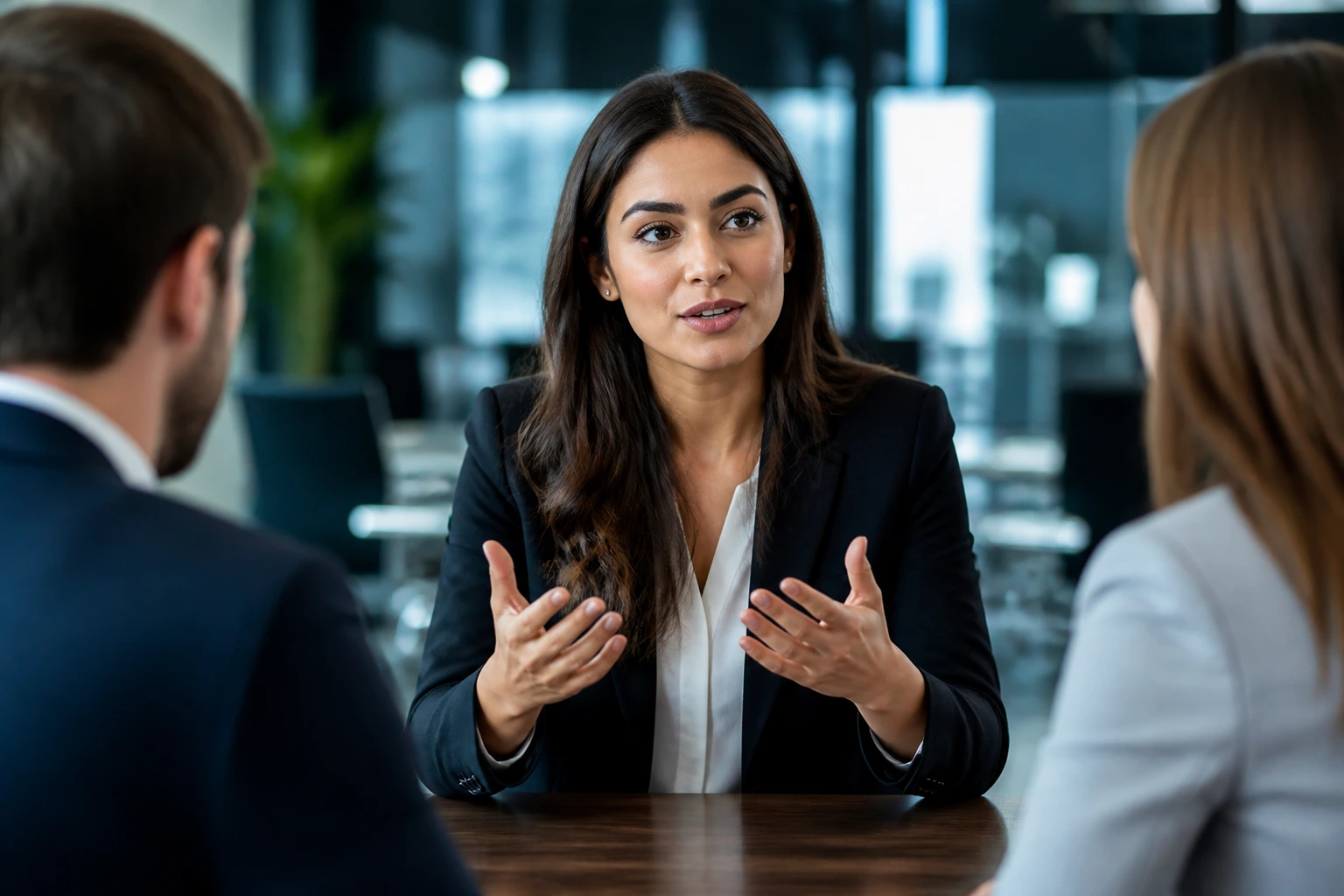 Professional negotiating at a desk with hands gesturing