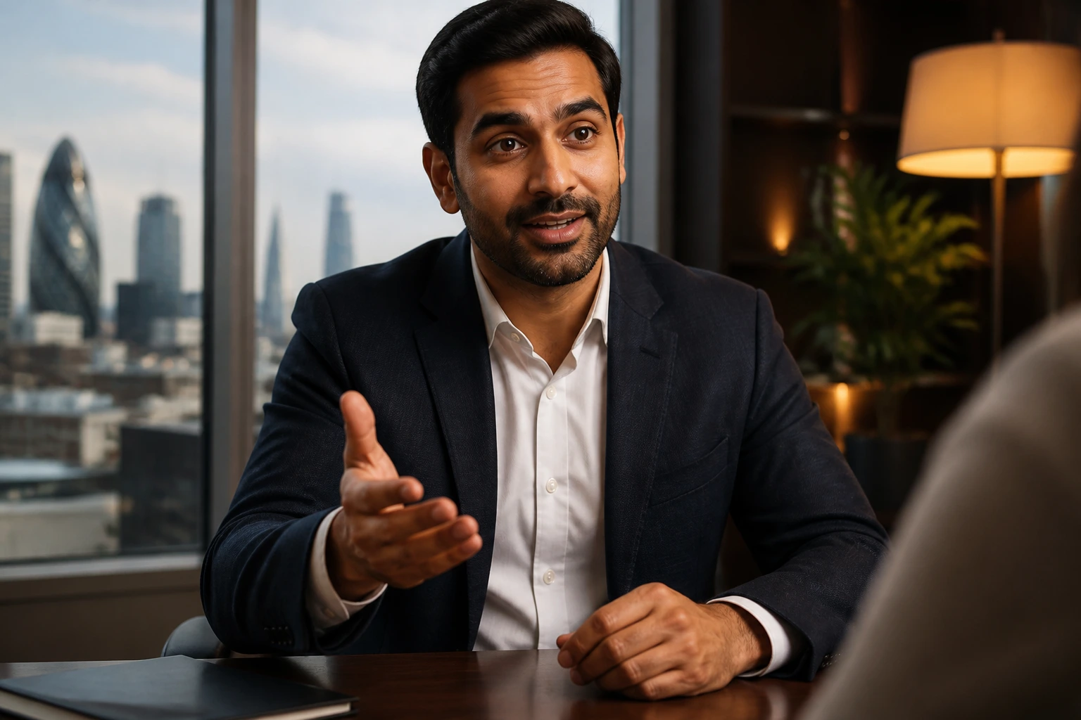 Close-up of a professional negotiating salary in a UK office with London skyline