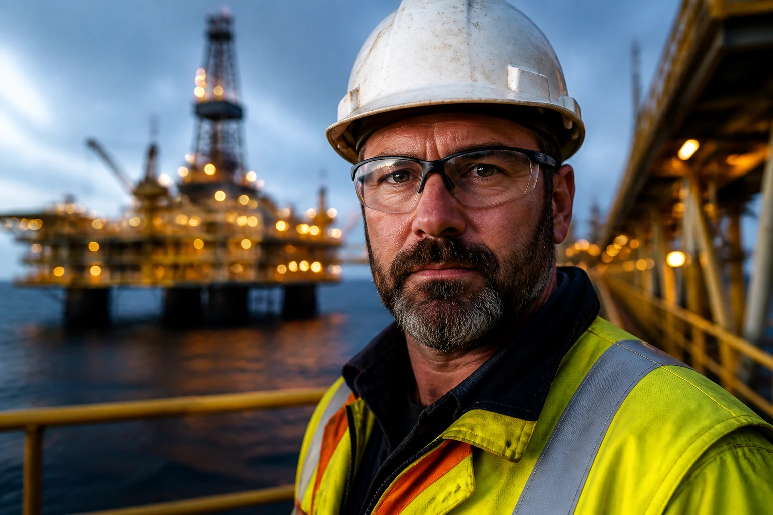 Close-up of a senior petroleum engineer in PPE on an offshore platform