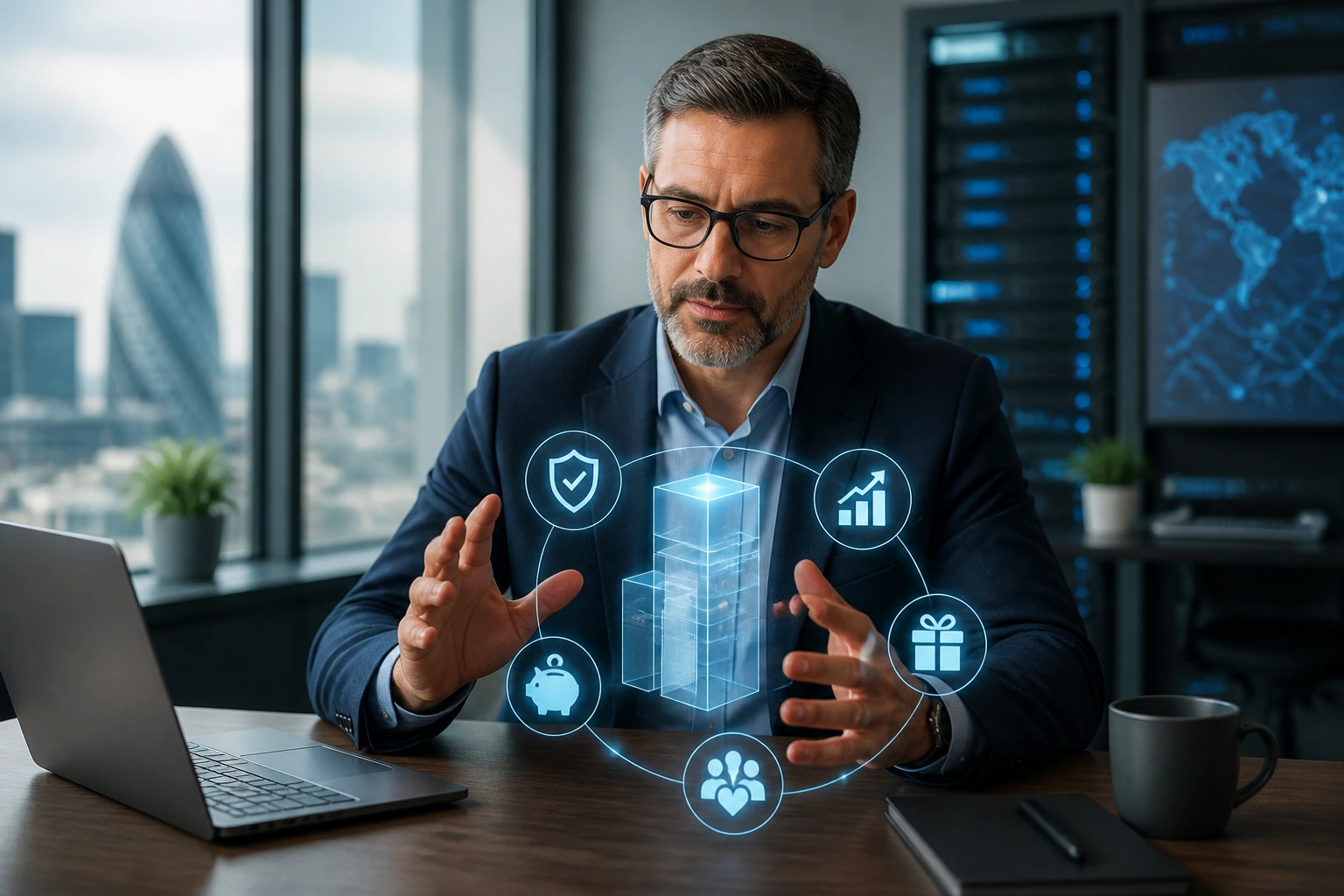 Senior professional evaluating salary packages with holographic charts in an office