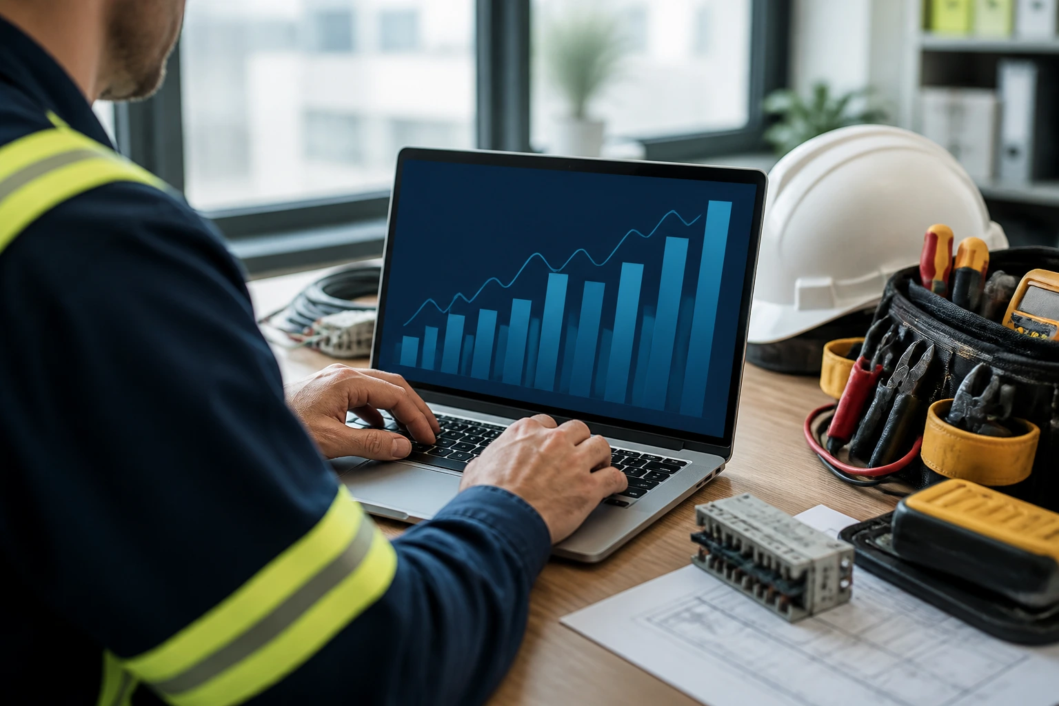 Hands typing on a laptop with an abstract chart suggesting salary planning in an office