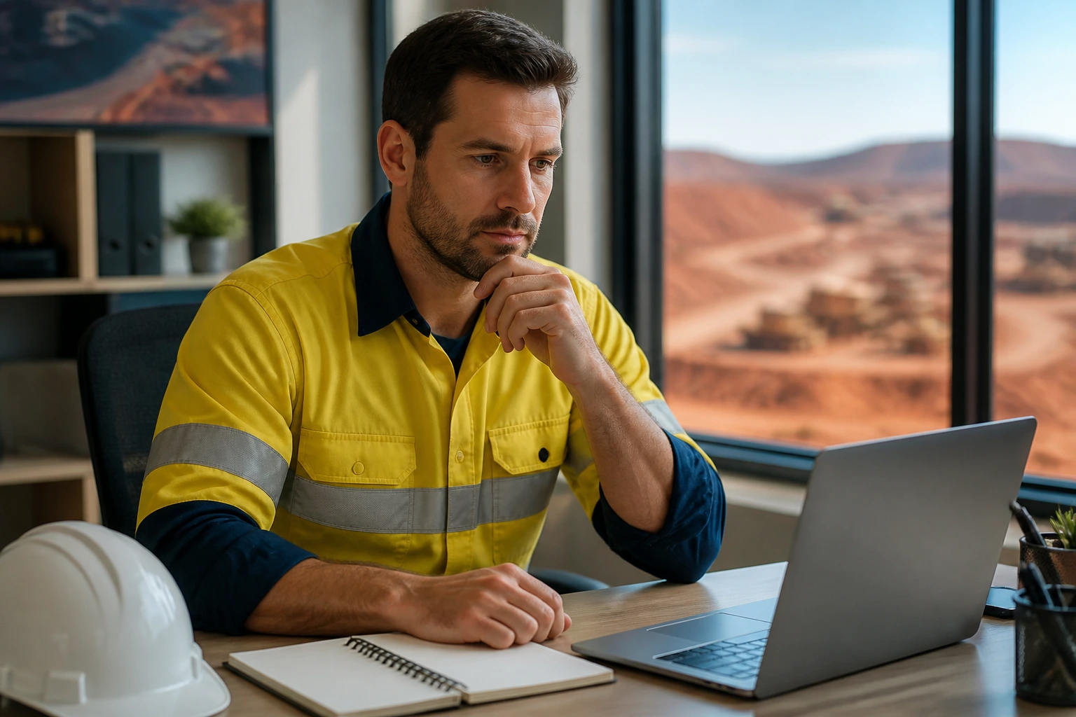 Professional at a desk contemplating salary and finances in the office