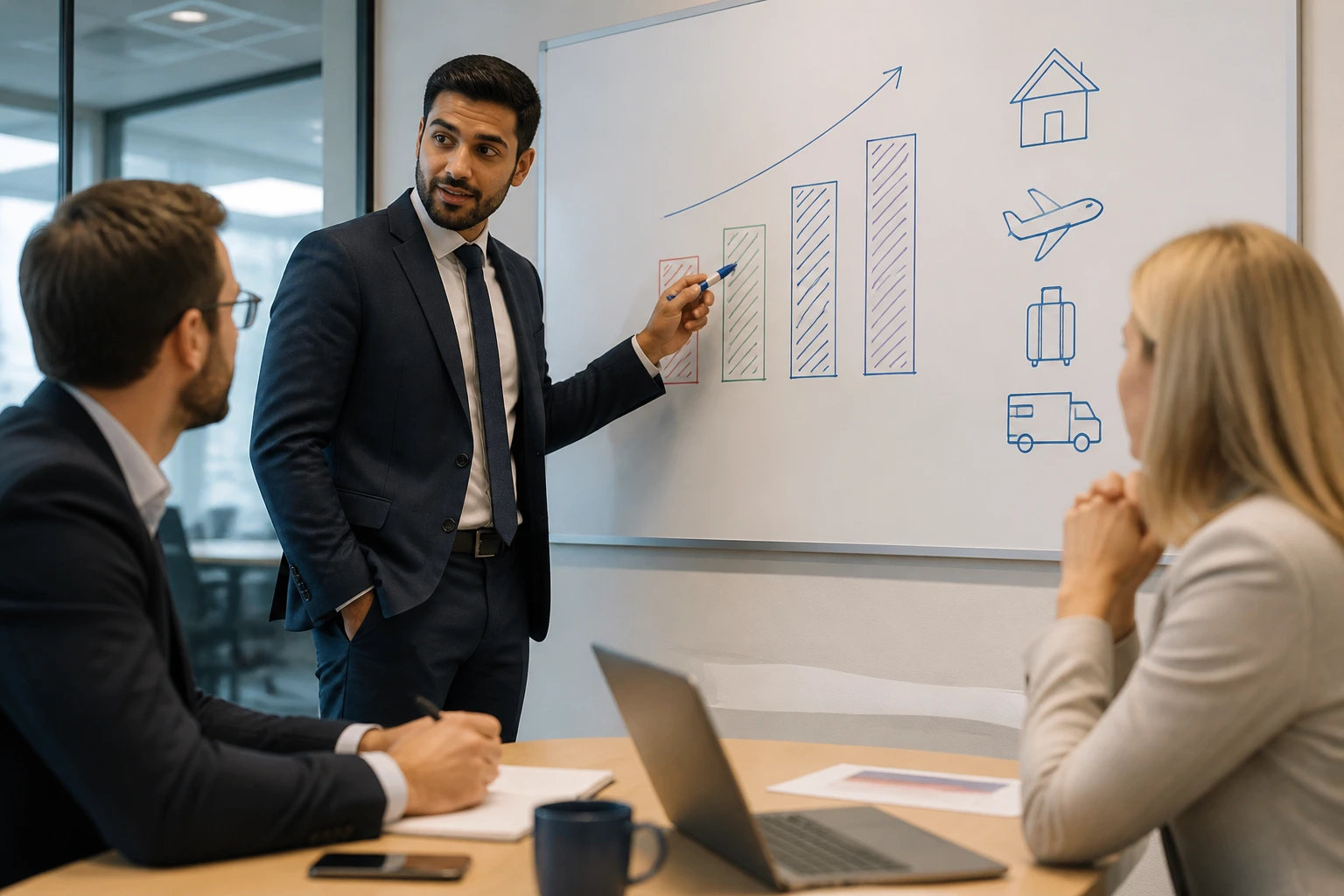 Candidate negotiating in a meeting room with abstract salary bands and relocation icons on a board