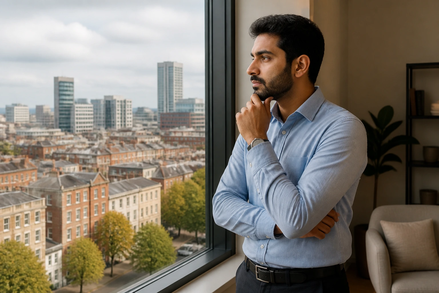 Professional contemplating salary outside London with city skyline background.