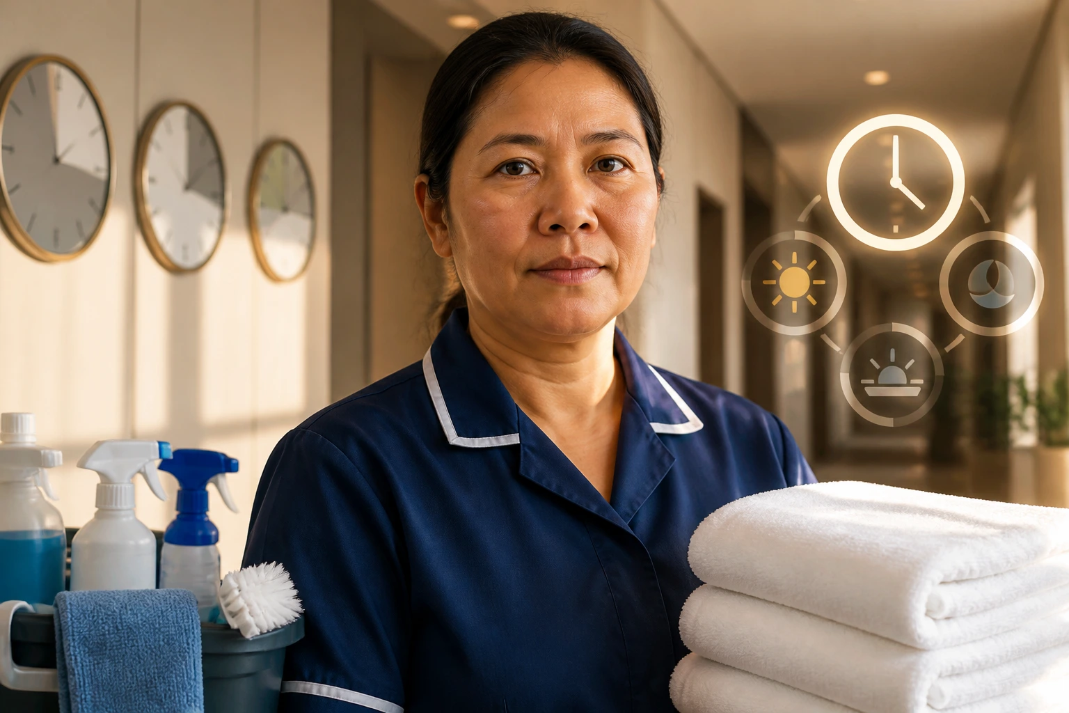 Close-up of a uniformed cleaner in a hotel corridor, illustrating shift patterns and salary concerns.