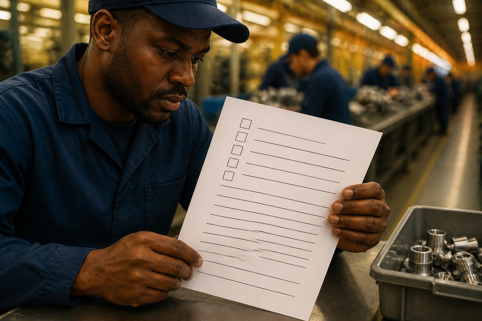 Worker reviewing a contract on a desk in a factory setting