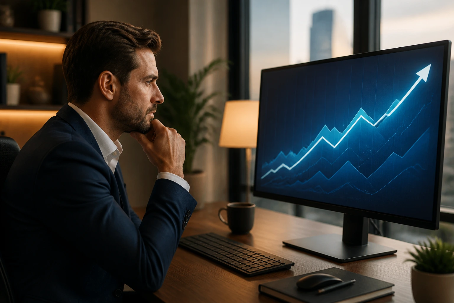 Professional analyzing a data dashboard with upward trend in a modern office