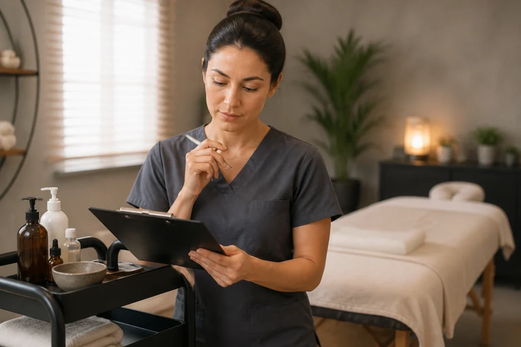 Therapist in treatment room examining a clipboard, implying pay structure without visible text
