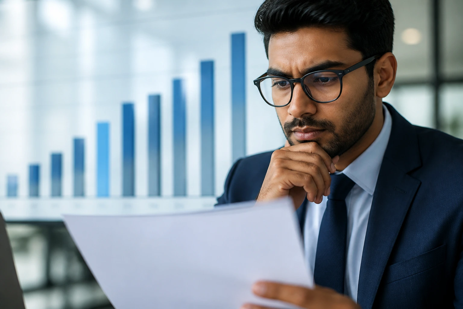 Professional examining a contract with a bar-chart visual hint for salary thresholds