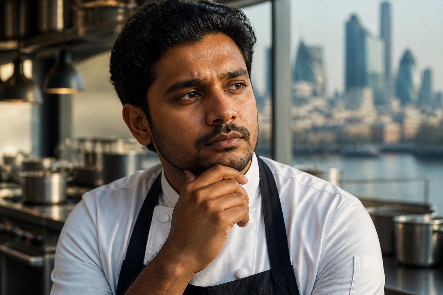 Chef in thoughtful pose reflecting salary considerations