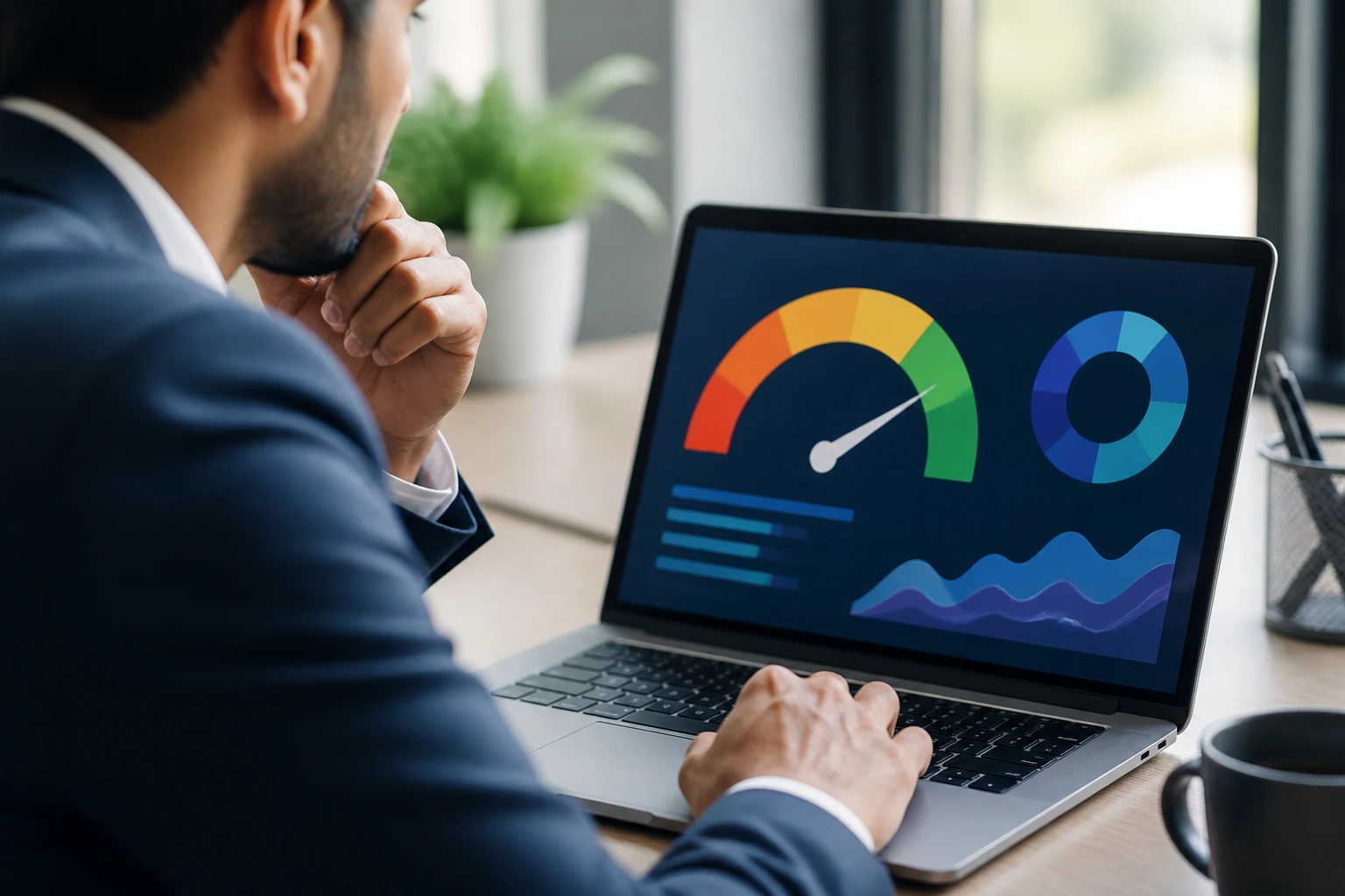 Professional reviewing salary threshold on screen with no text