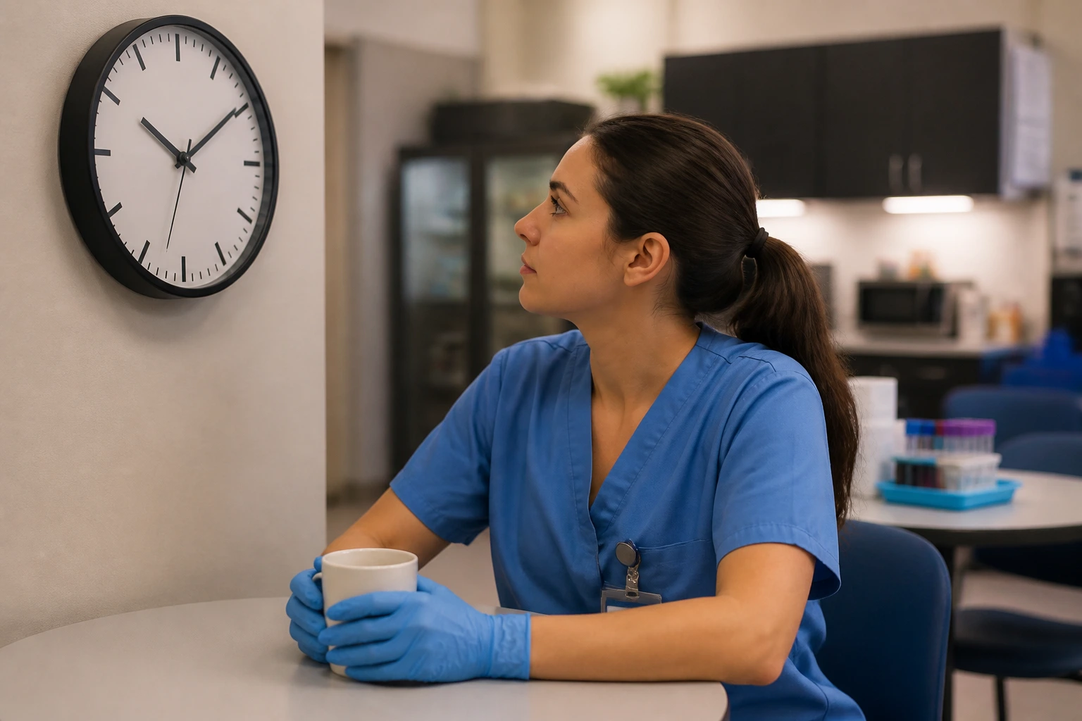 Phlebotomist in break room contemplating time and wages