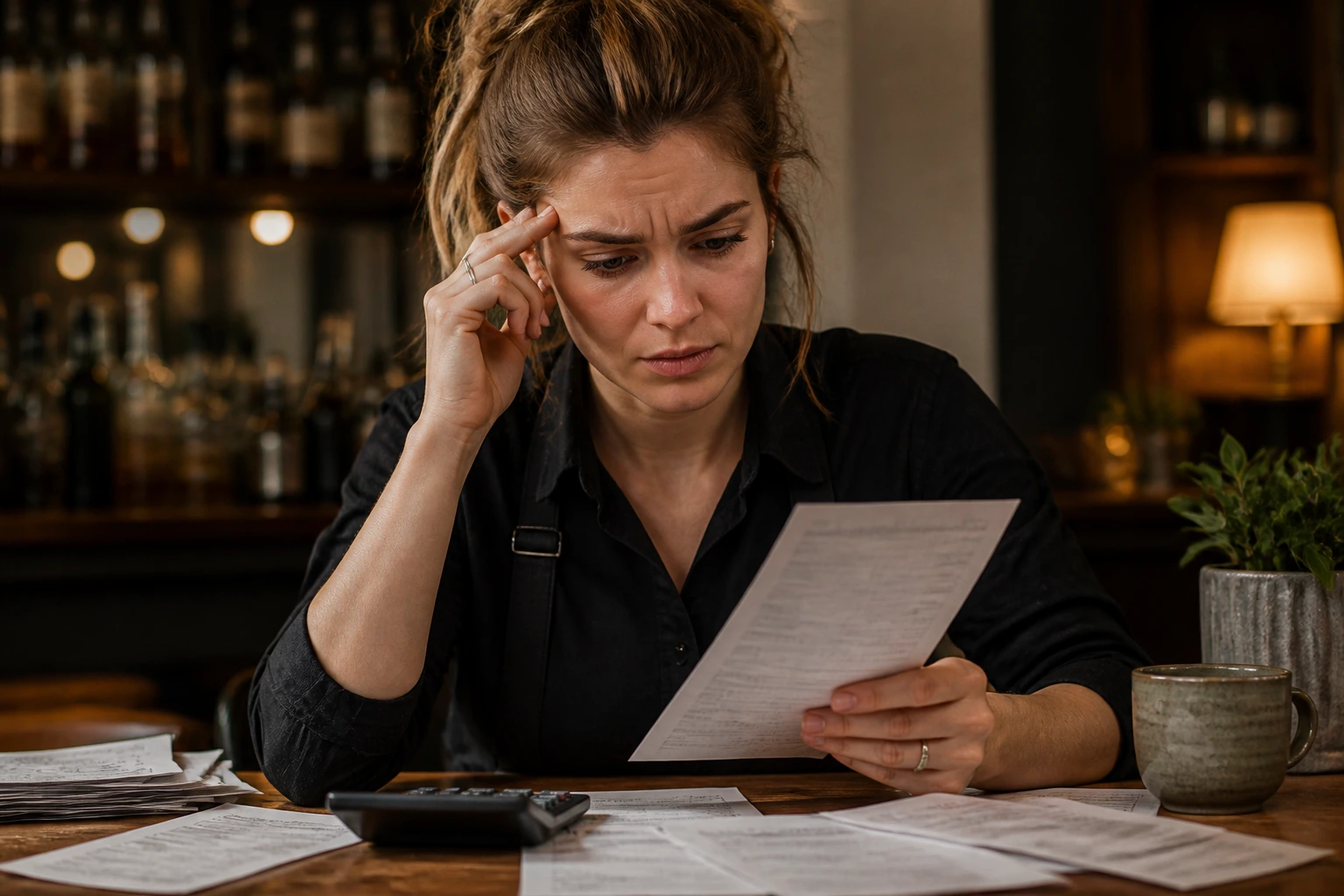 Person reviewing pay and housing costs with a calculator and papers
