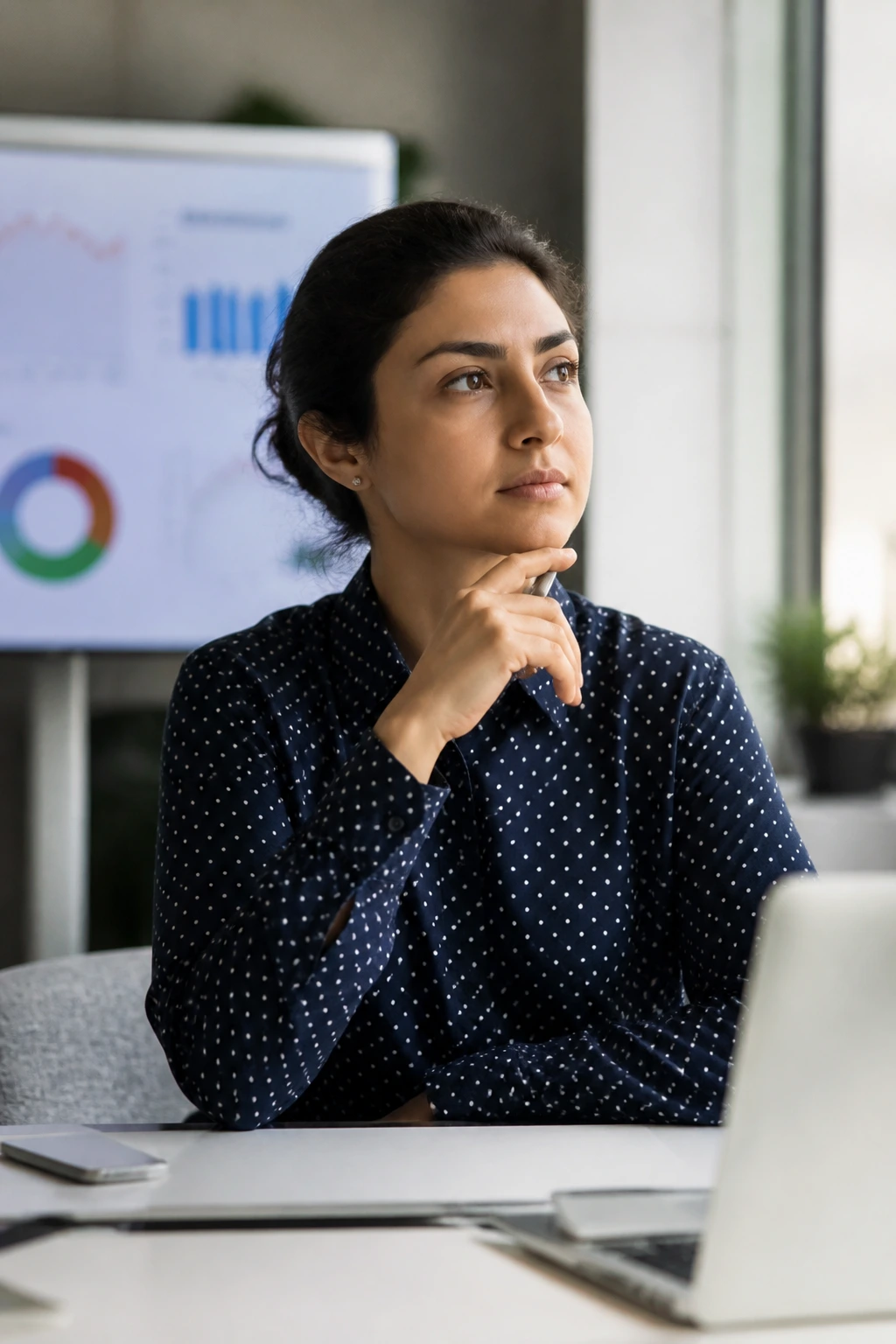 Professional contemplating salary prospects in an office setting