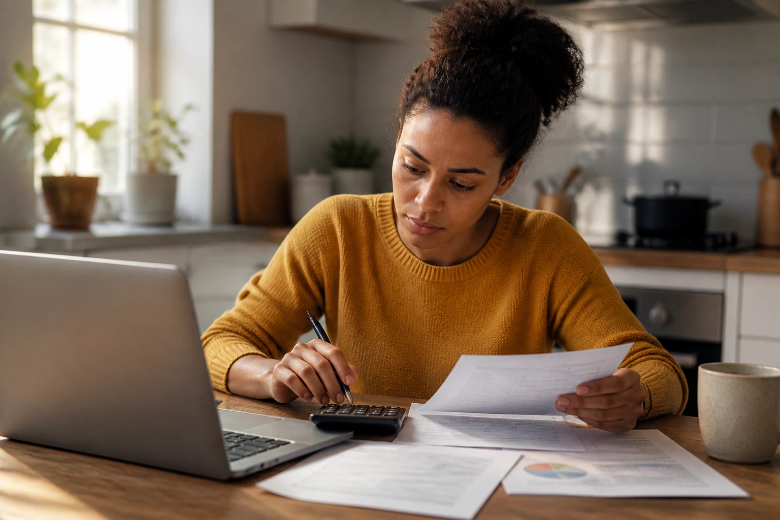 Person budgeting finances at a kitchen table in a home setting.