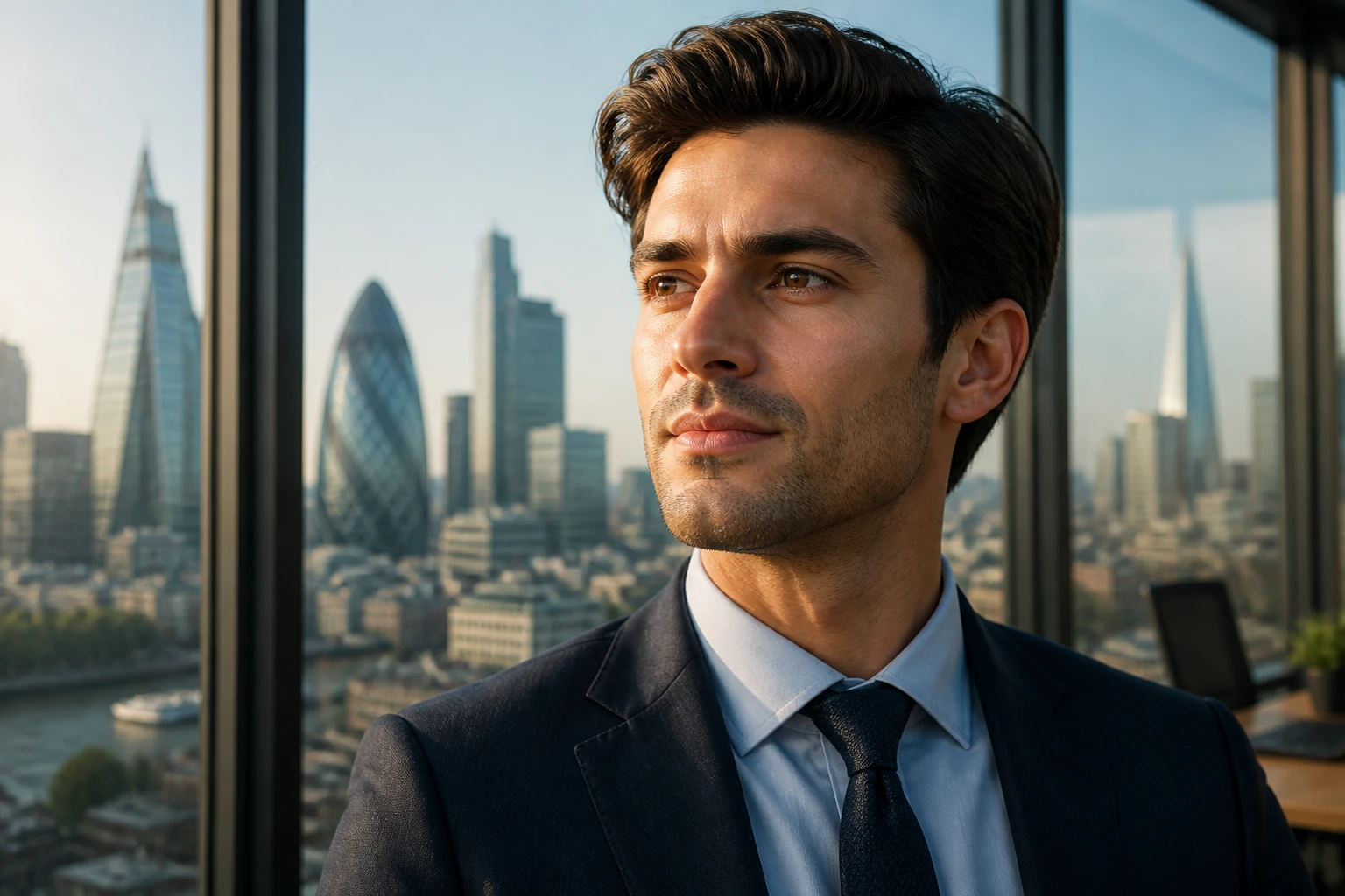 Portrait of a professional evaluating salary expectations in a UK market setting with London skyline behind