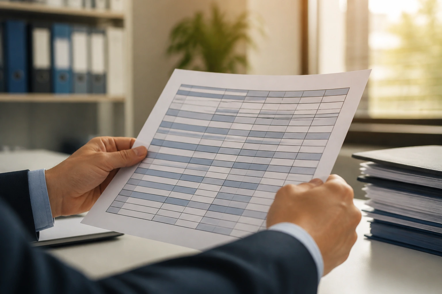 Person reviewing wage information in a workplace without readable details.