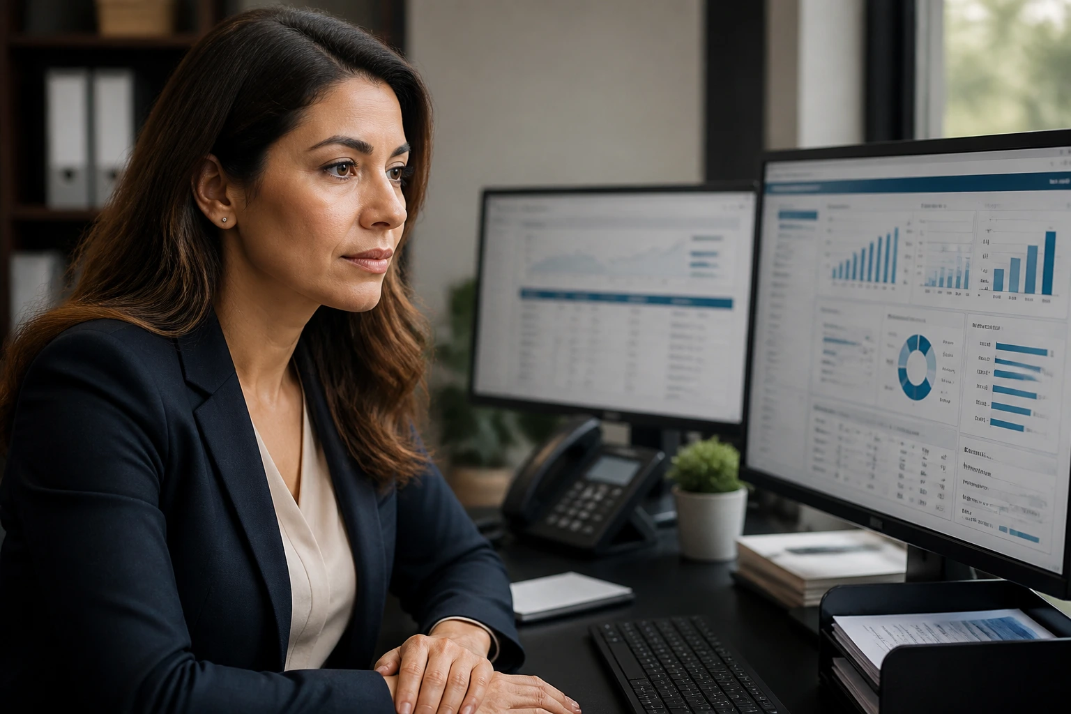 Mortgage loan officer analyzing performance metrics in an office