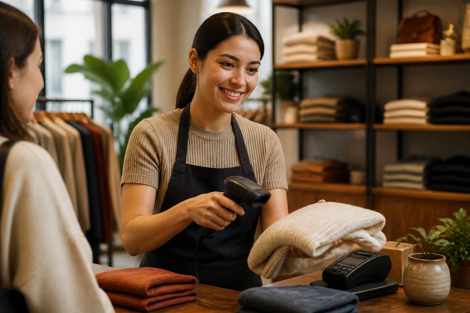 Candidate demonstrating sales, stock, and service skills at a store counter