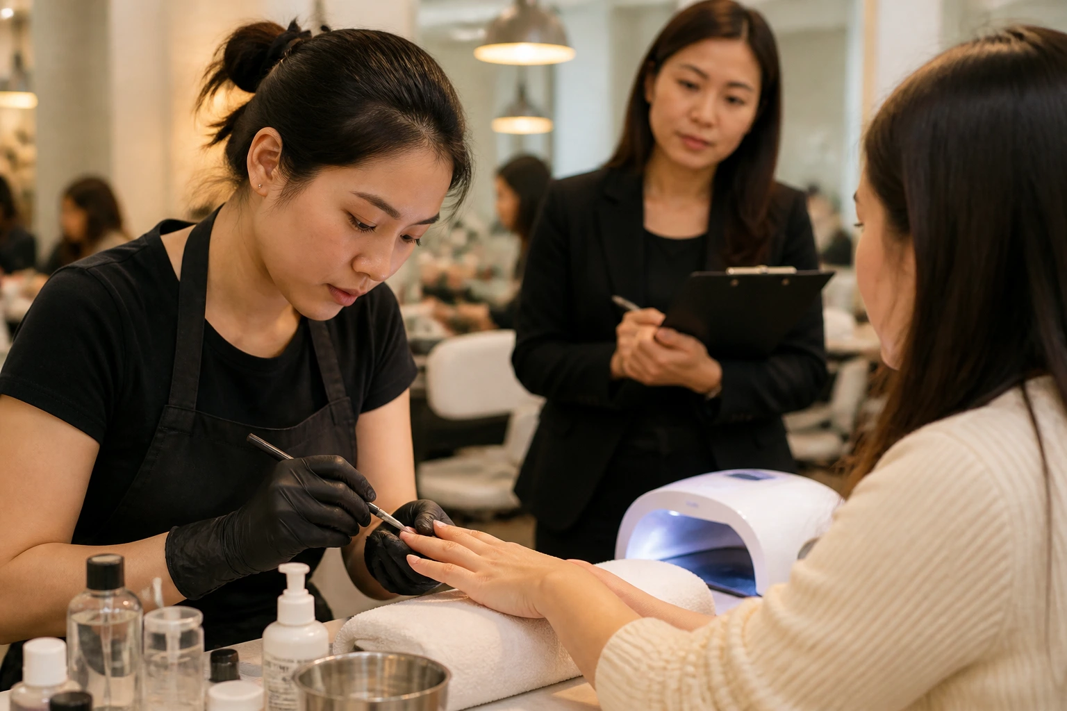 Nail technician performing quick manicure during salon interview