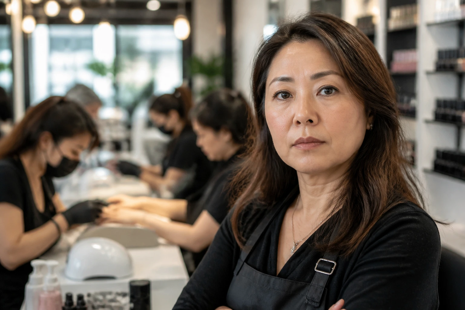 Close-up portrait of a salon owner in a busy environment, illustrating hiring concerns