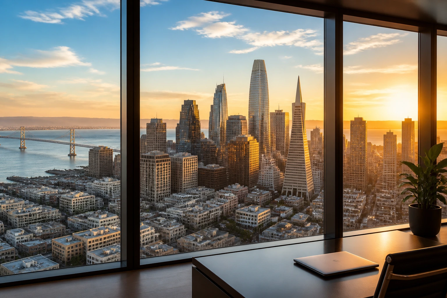 Golden-hour San Francisco skyline through a high-rise window
