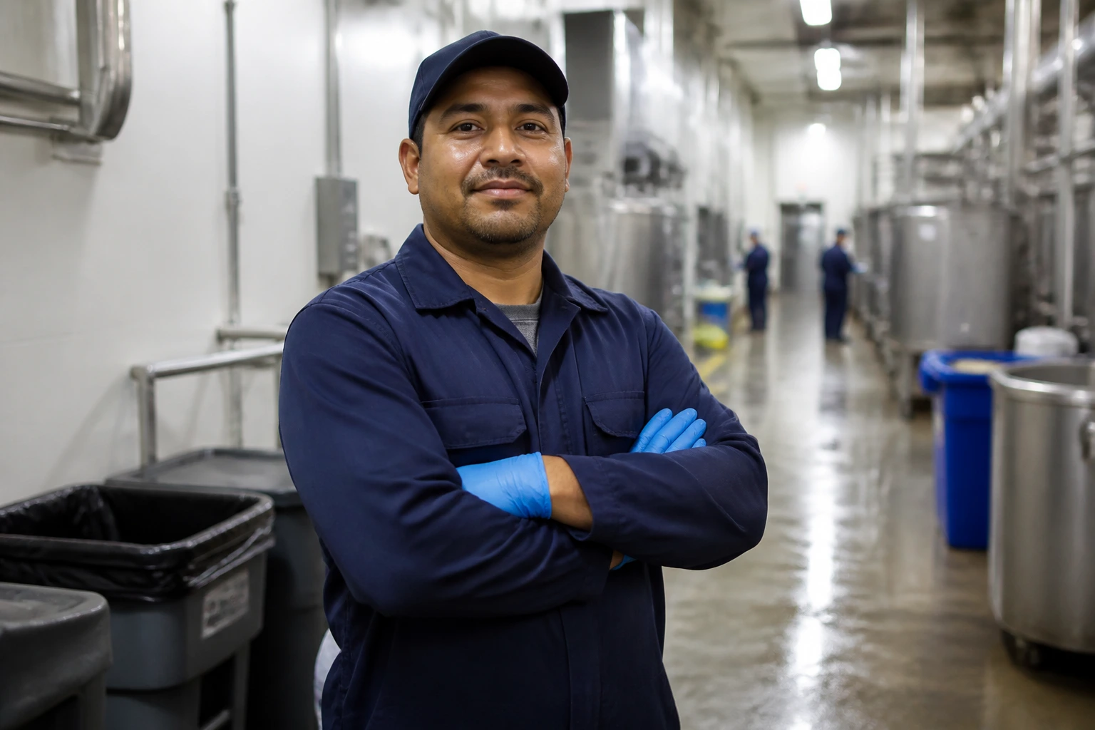 Sanitation worker in uniform in a plant corridor, looking confident with industrial background.