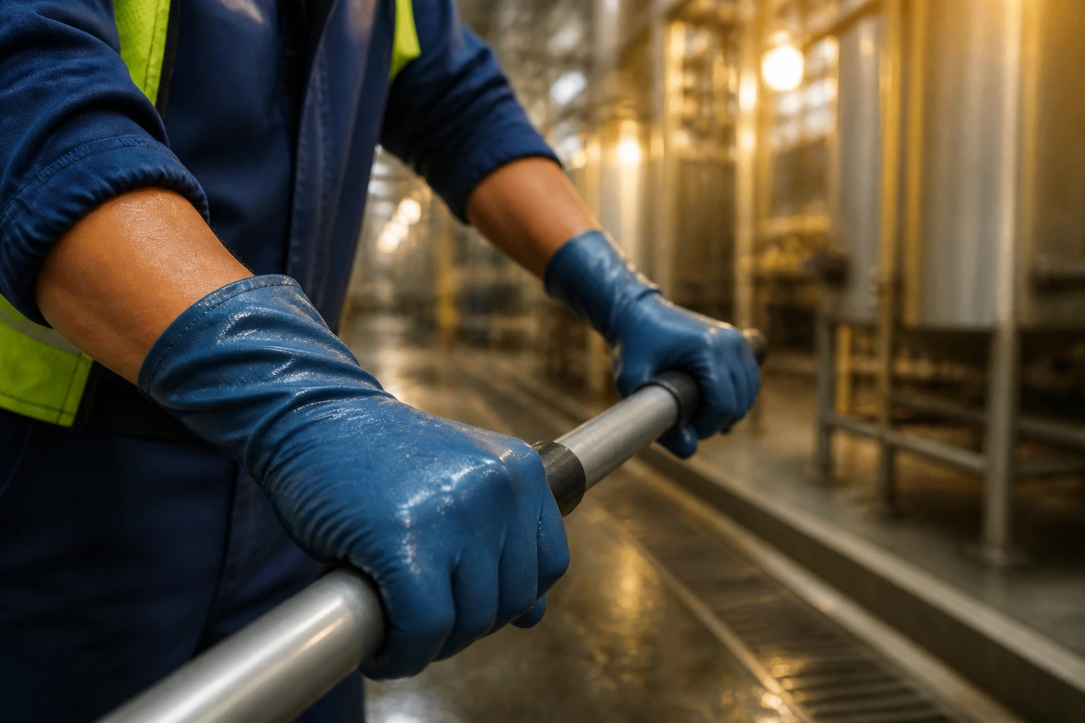 Close-up of gloved hands holding a cleaning tool in an industrial setting