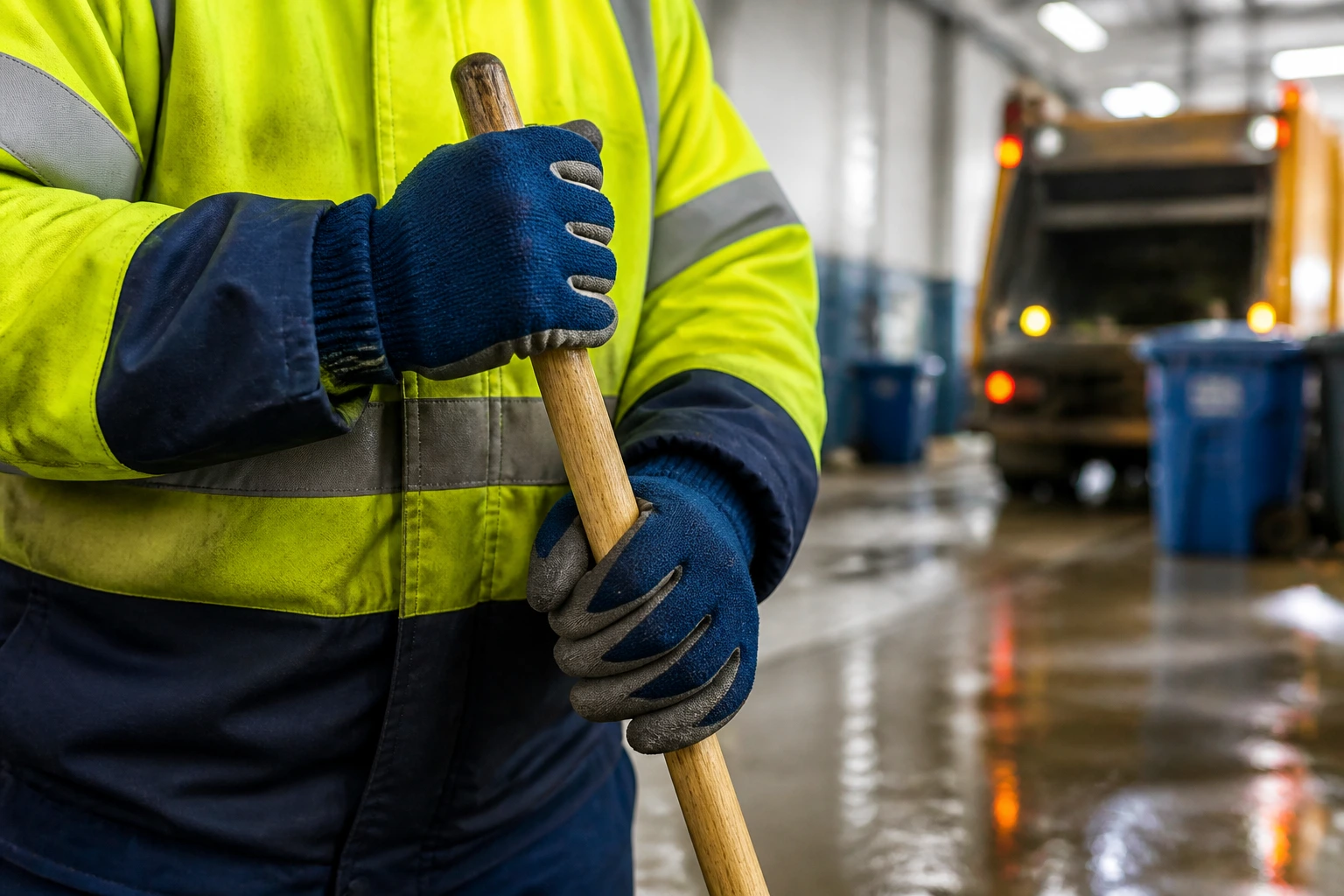 Close-up of a sanitation worker's gloved hands gripping a mop handle in an industrial setting