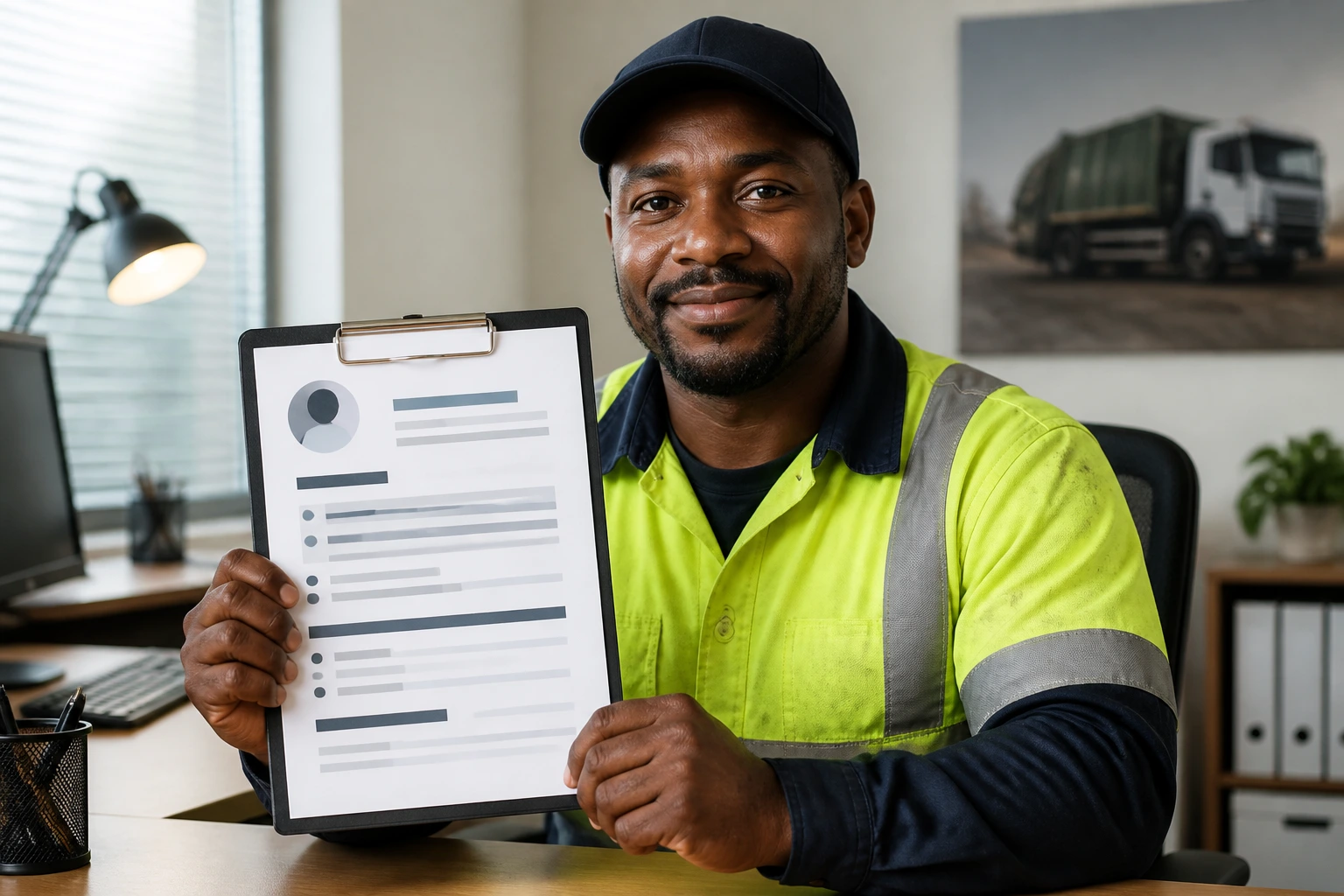 Portrait of a person holding a clipboard with a resume paper in an office