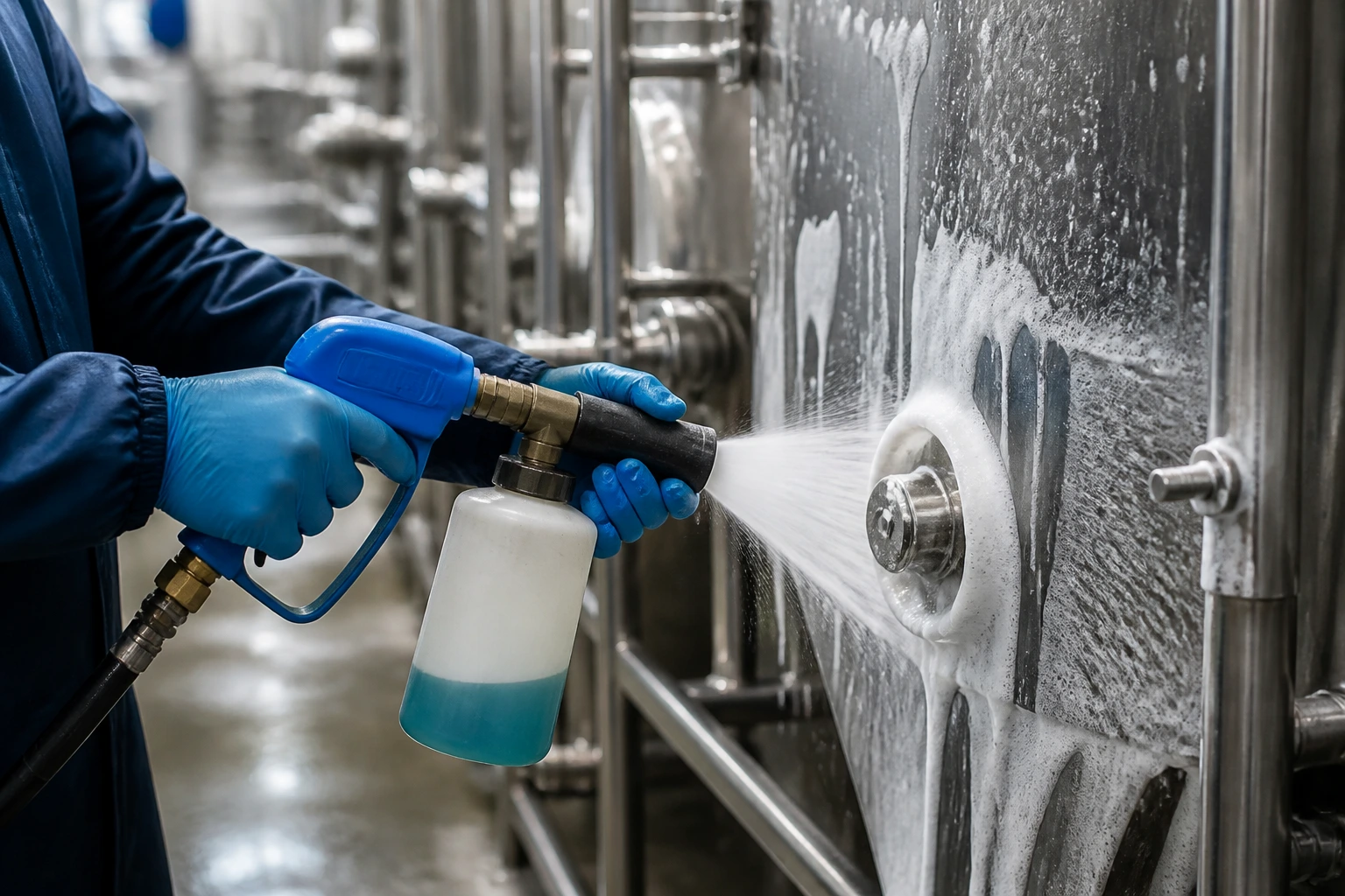 Hands of a sanitation worker performing cleaning task on stainless equipment