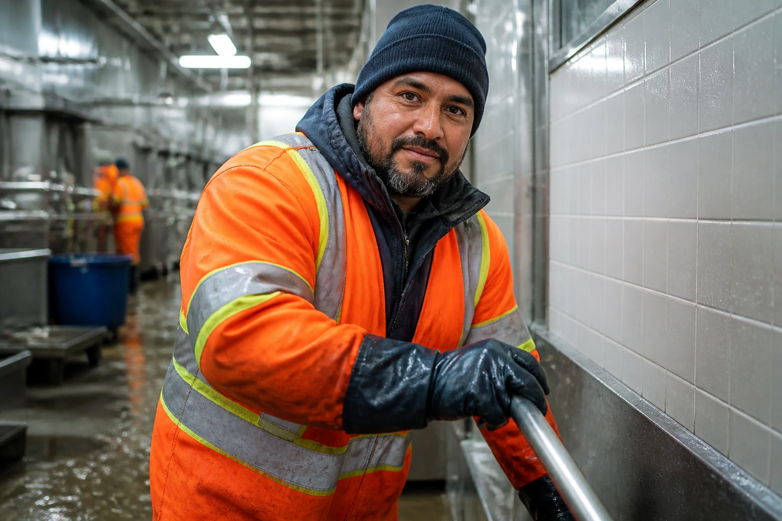 Portrait of a real sanitation worker in reflective gear during a shift