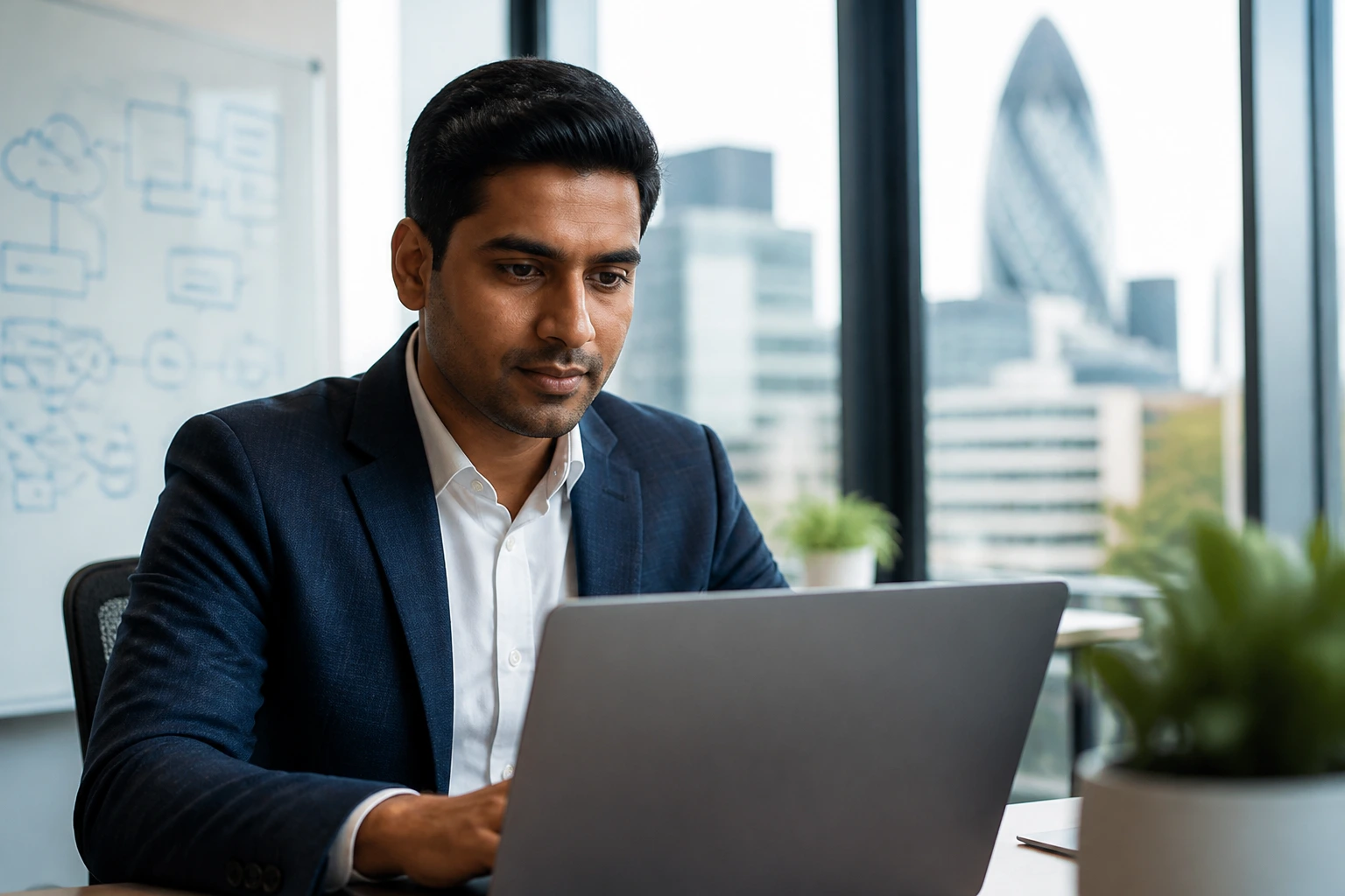 Medium close-up of a UK-based SAP consultant in a modern office