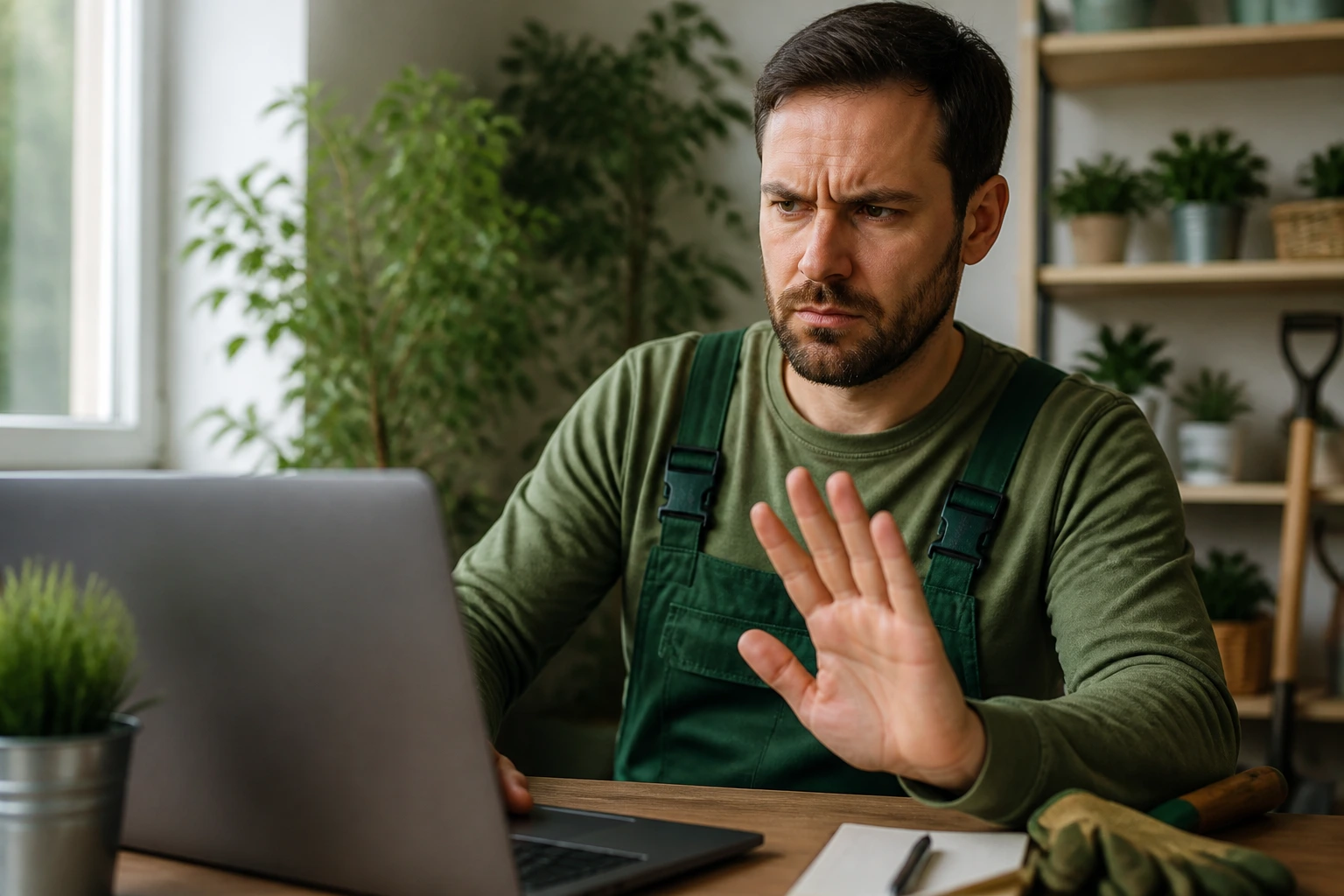 Gardener recognizing red flags and walking away from a scam offer