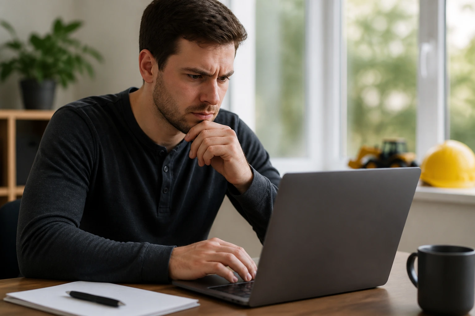 Person wary while checking legitimate job offer on laptop