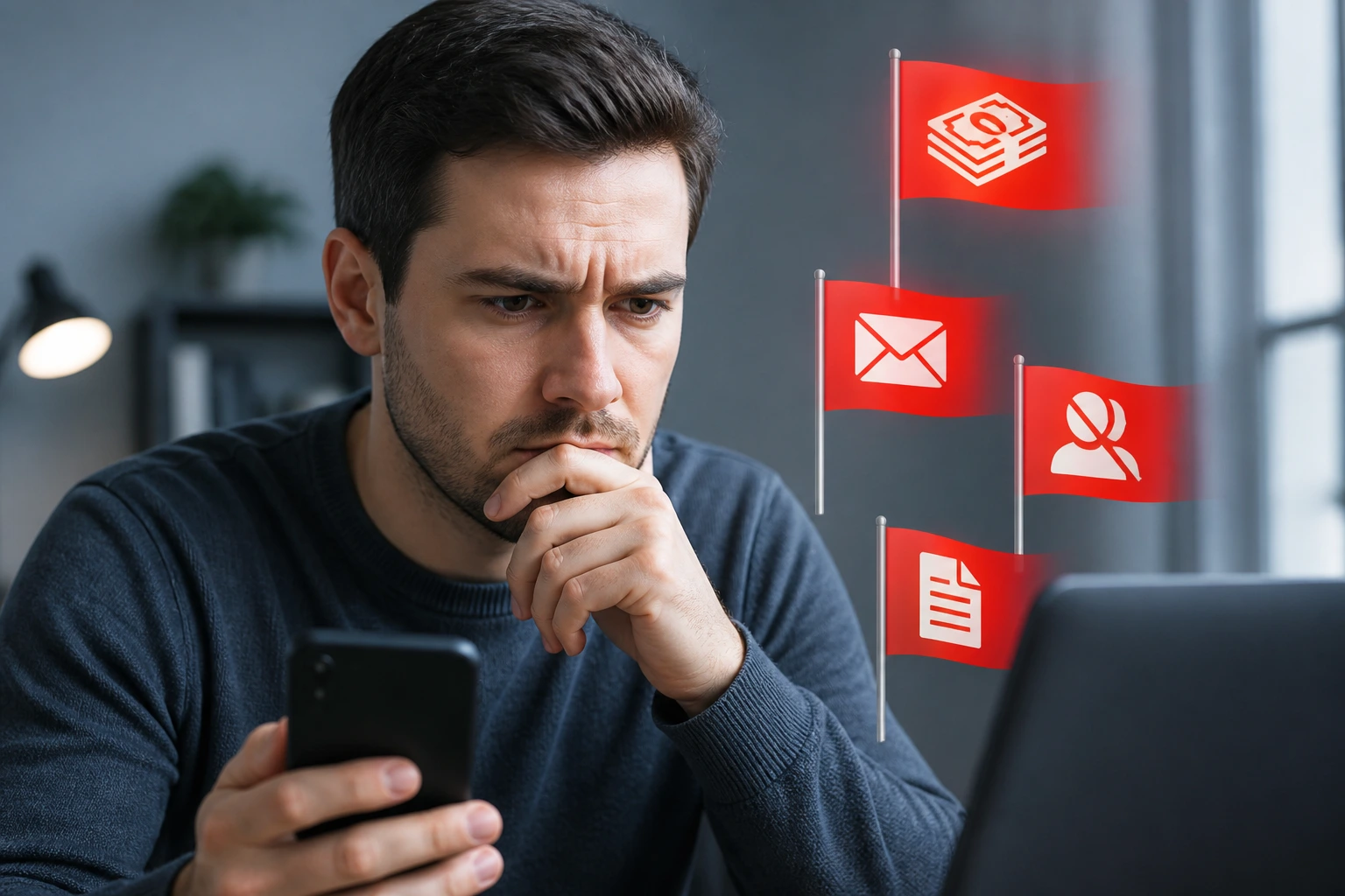 Close-up of a person spotting employment scam signs on a screen.