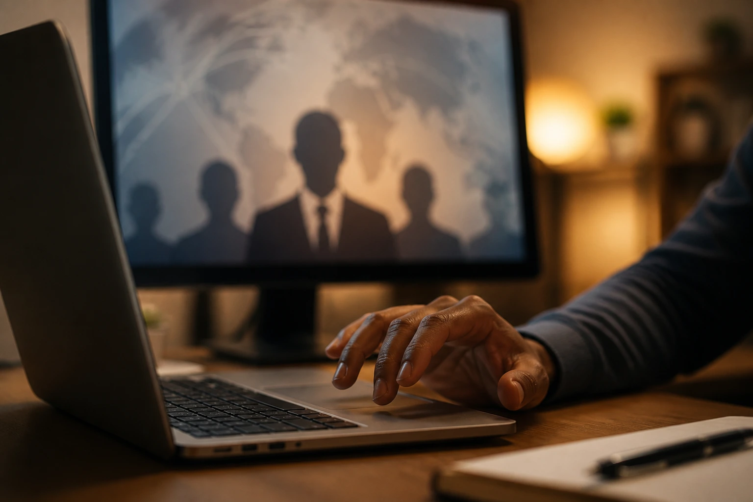 Hand on laptop with blurred screen depicting scam awareness.