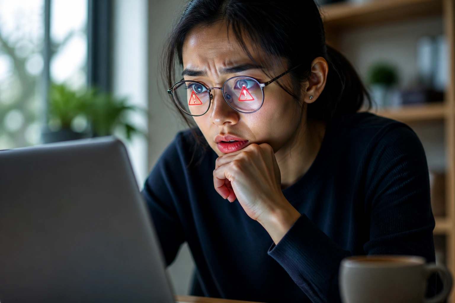 Close-up of a wary job seeker examining a laptop for scam indicators