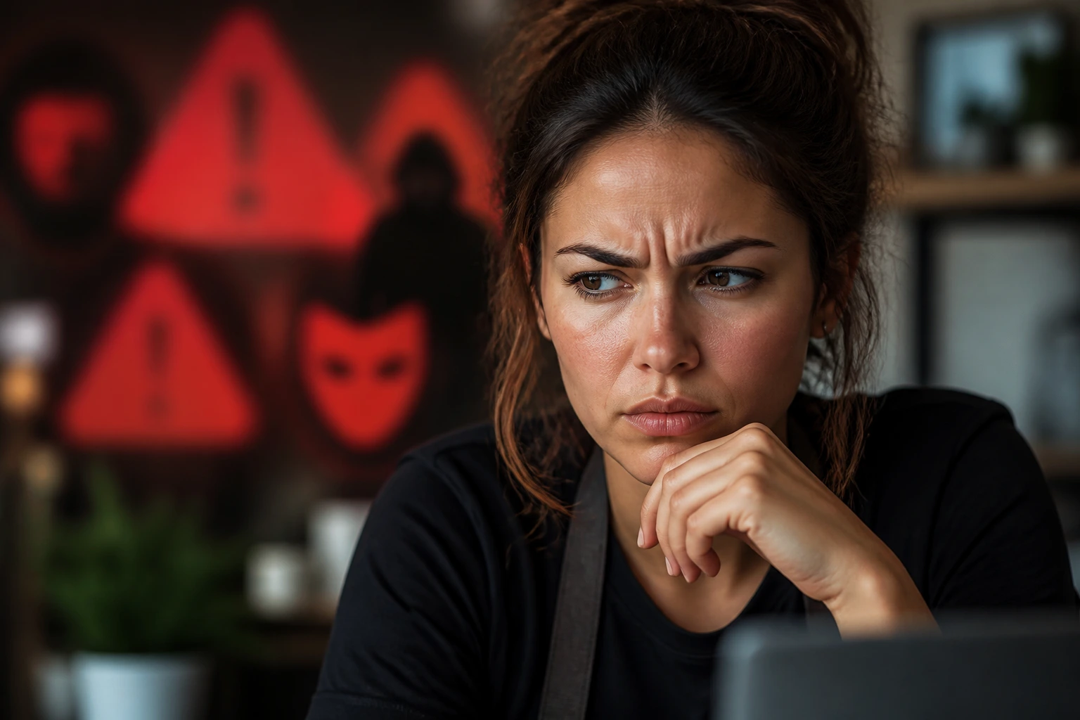 Portrait of a wary looking real person with blurred warning shapes in the background