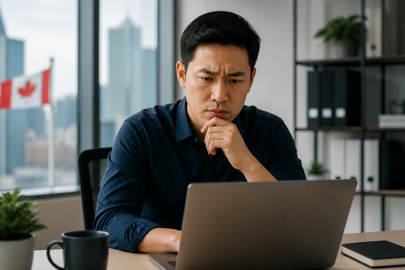 Close-up of a cautious professional evaluating a job offer in a Canadian office