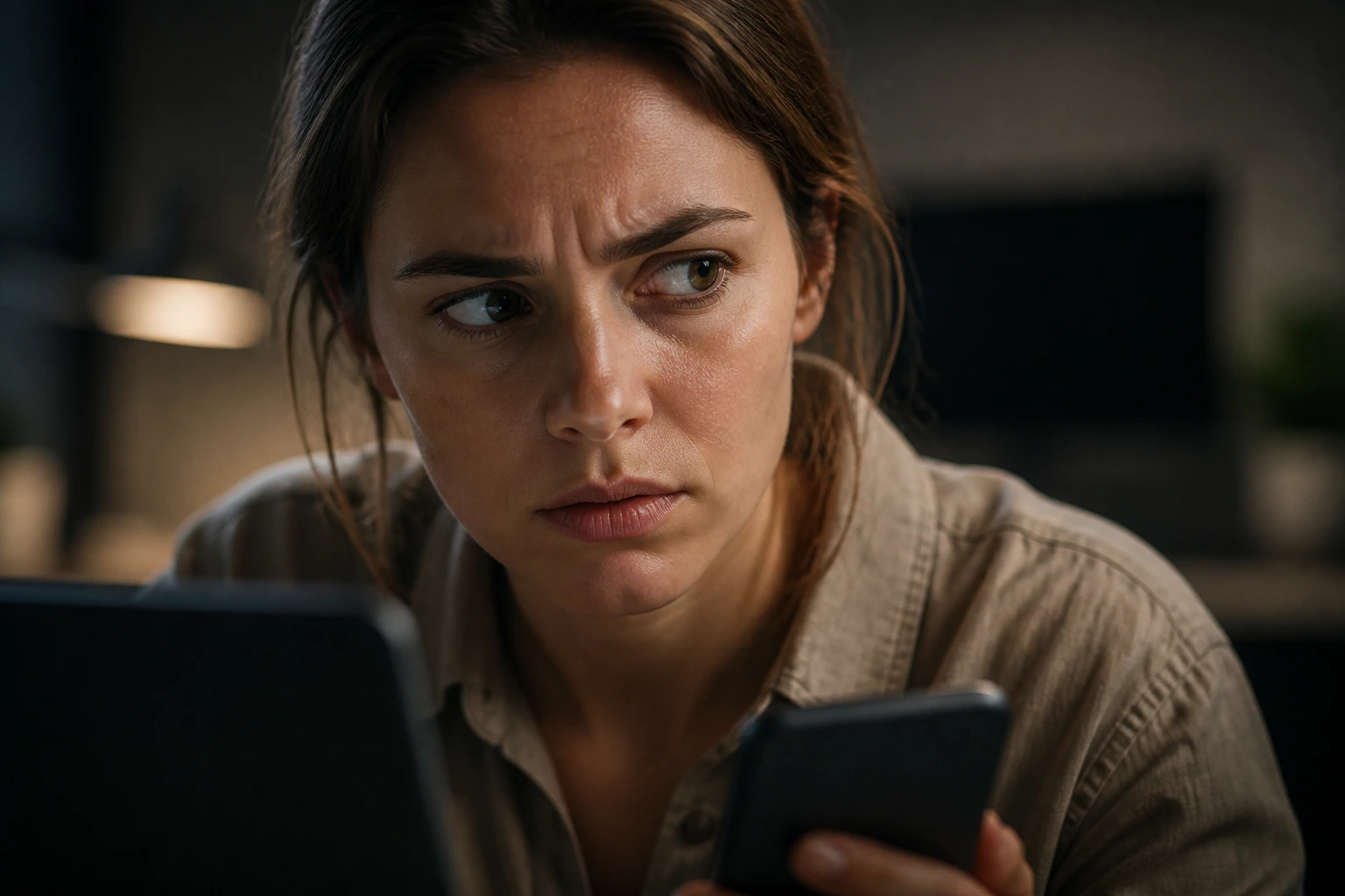 Portrait of a cautious person looking at potential recruitment scams.
