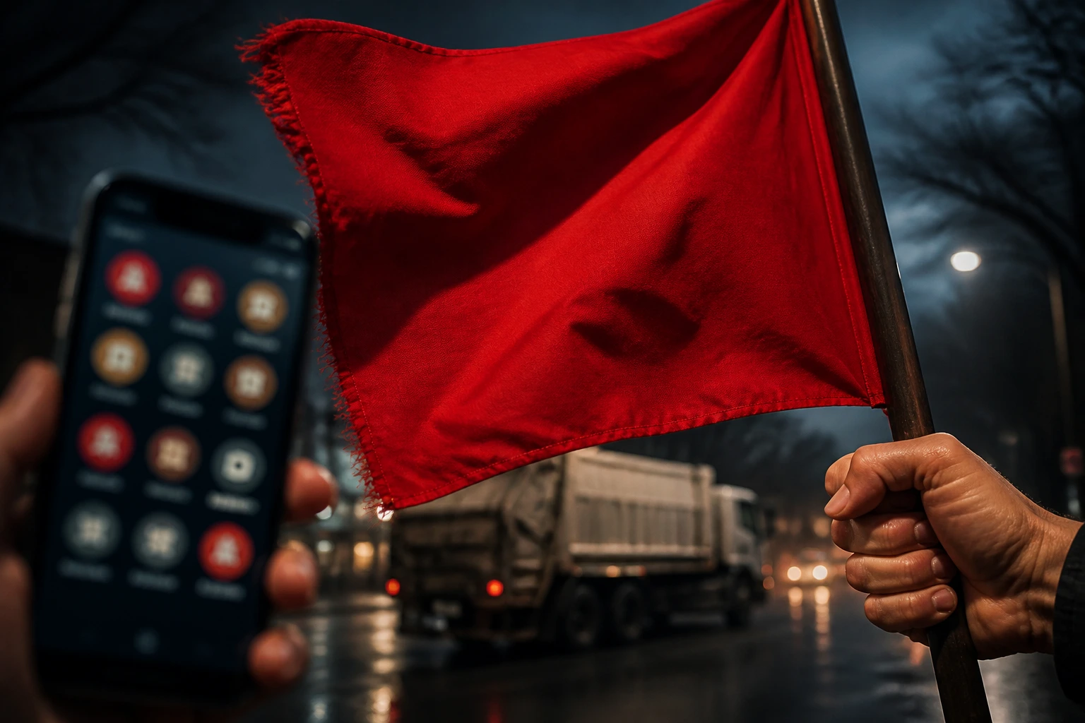 Close-up of a hand holding a red warning flag with a blurred phone background suggesting scam offers