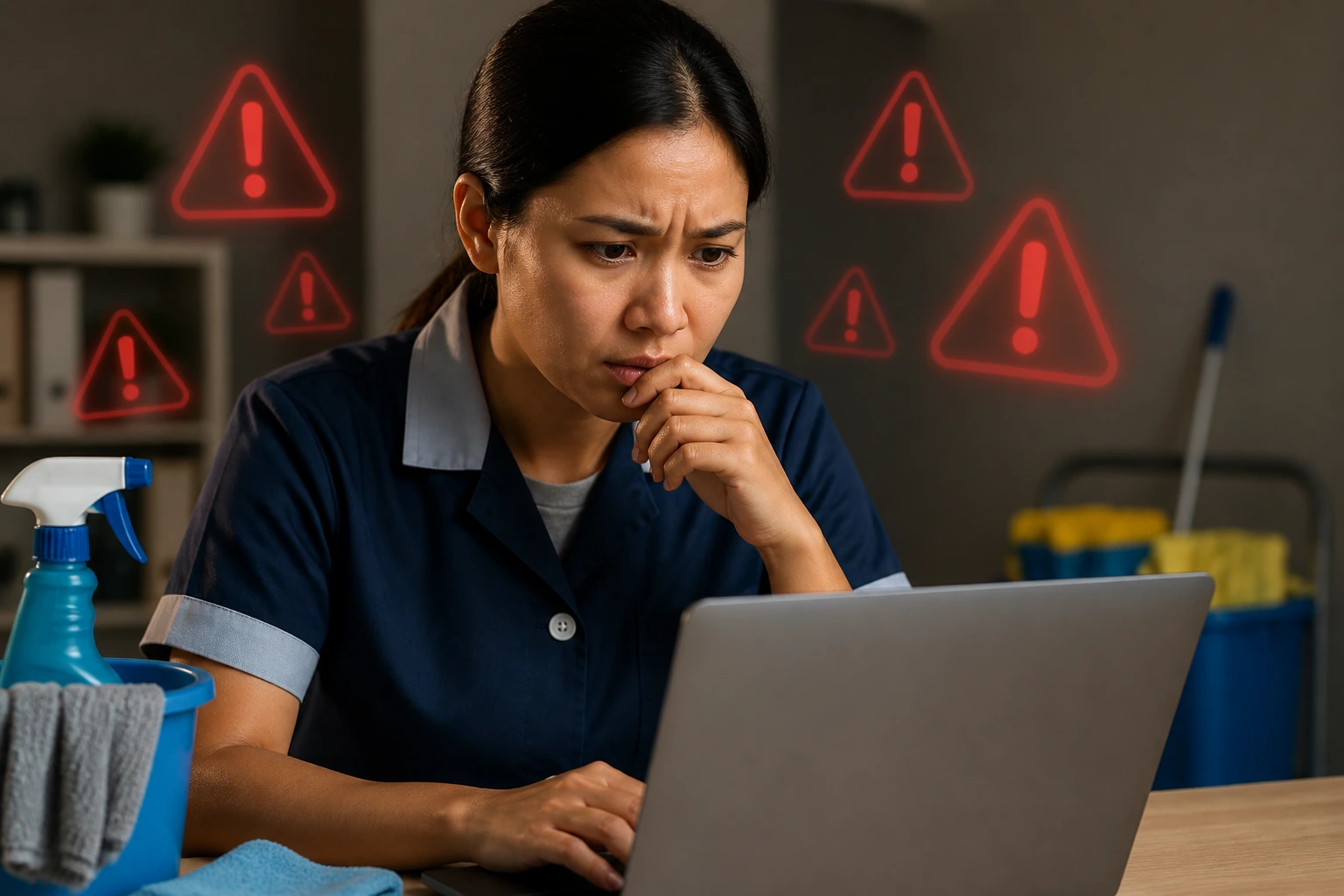 Person wary at laptop with floating red flag-like icons indicating warnings.