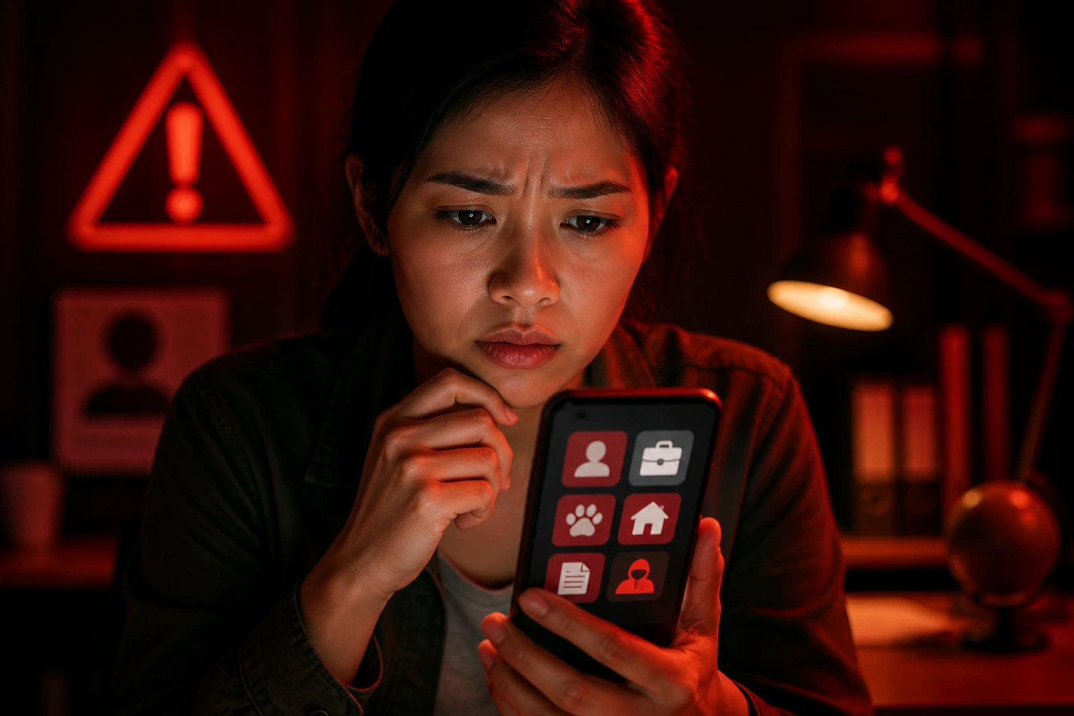 Wary job seeker checking a smartphone for scam cues