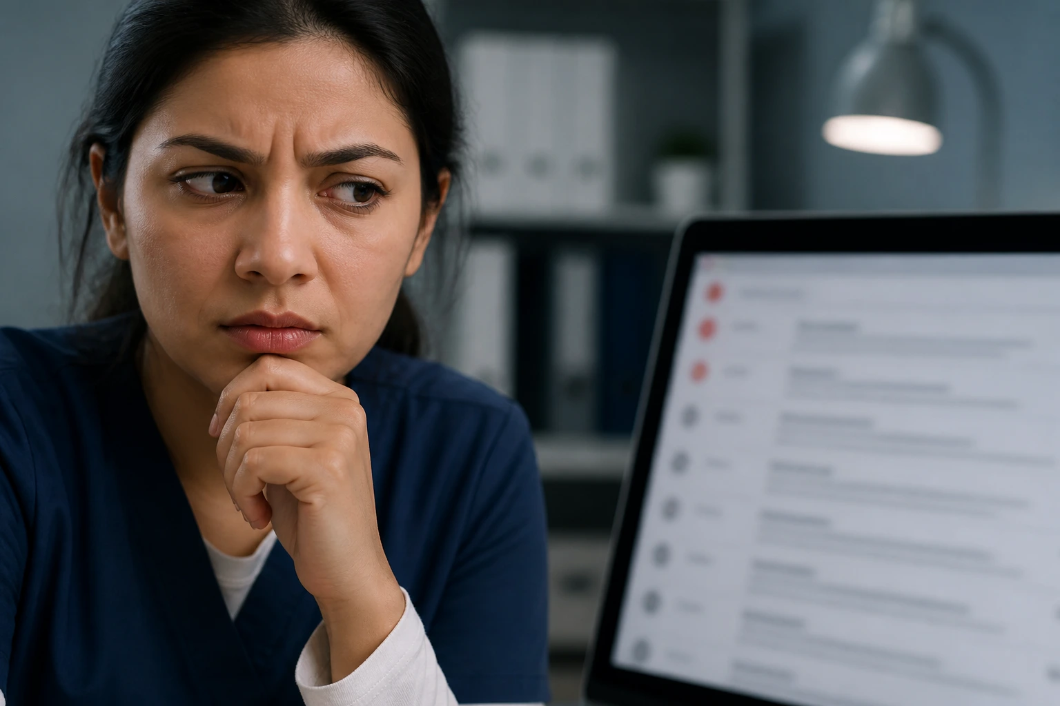 Wary job seeker at a laptop in an office, suggesting scam recruitment red flags