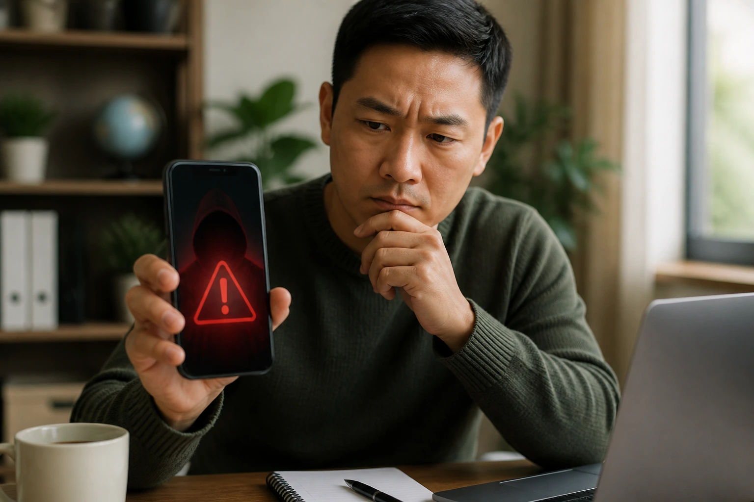 Portrait of a vigilant person with a smartphone displaying an abstract alert icon in a home office.