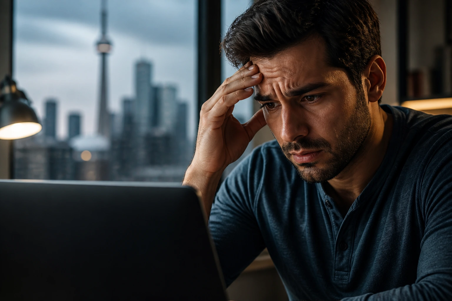 Portrait of a job applicant showing concern while evaluating a potential recruitment scam in a private office.